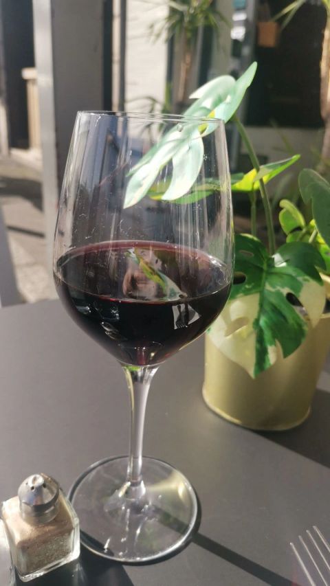 Verre de vin rouge en terrasse, un jour d'anniversaire au Pays basque