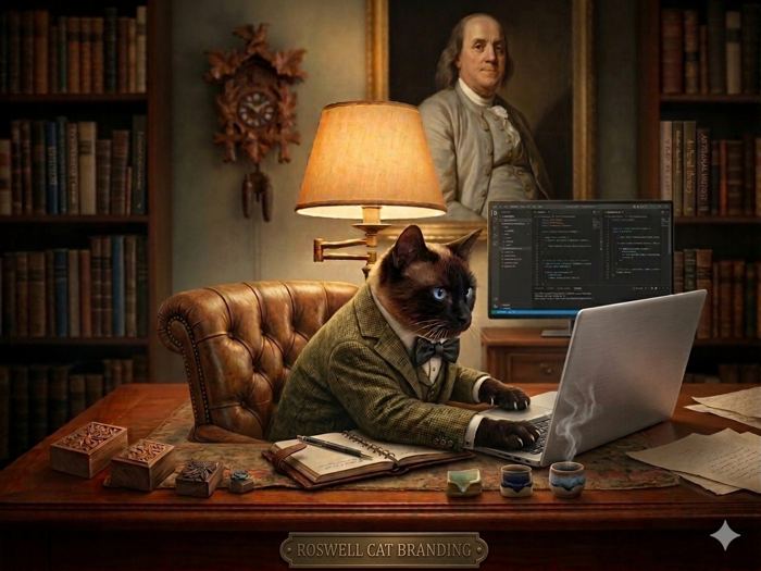 Roswell en costume à son bureau — Roswell Cat Branding